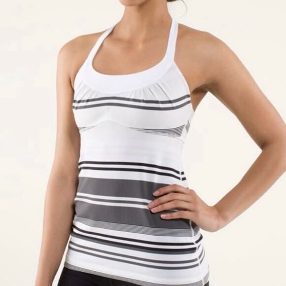 LULULEMON White Black Gray Scoop‎ Me Up Groovy Stripe Nimbus Tank Top Size 4 - Picture 1 of 12